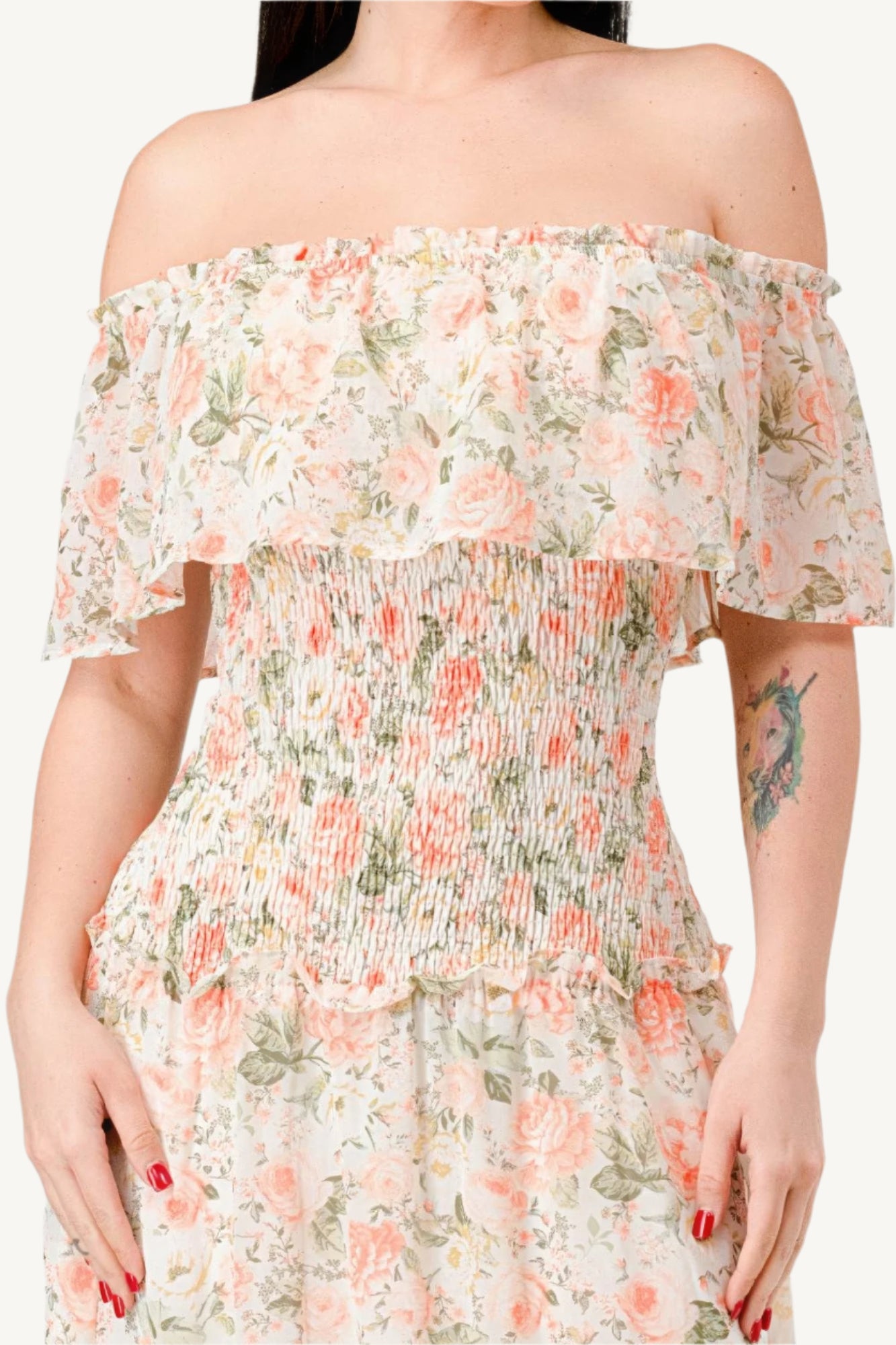 "Floral chiffon off-shoulder maxi dress with smocked back and ruffled tiered design, made from lightweight polyester for an elegant and comfortable look."