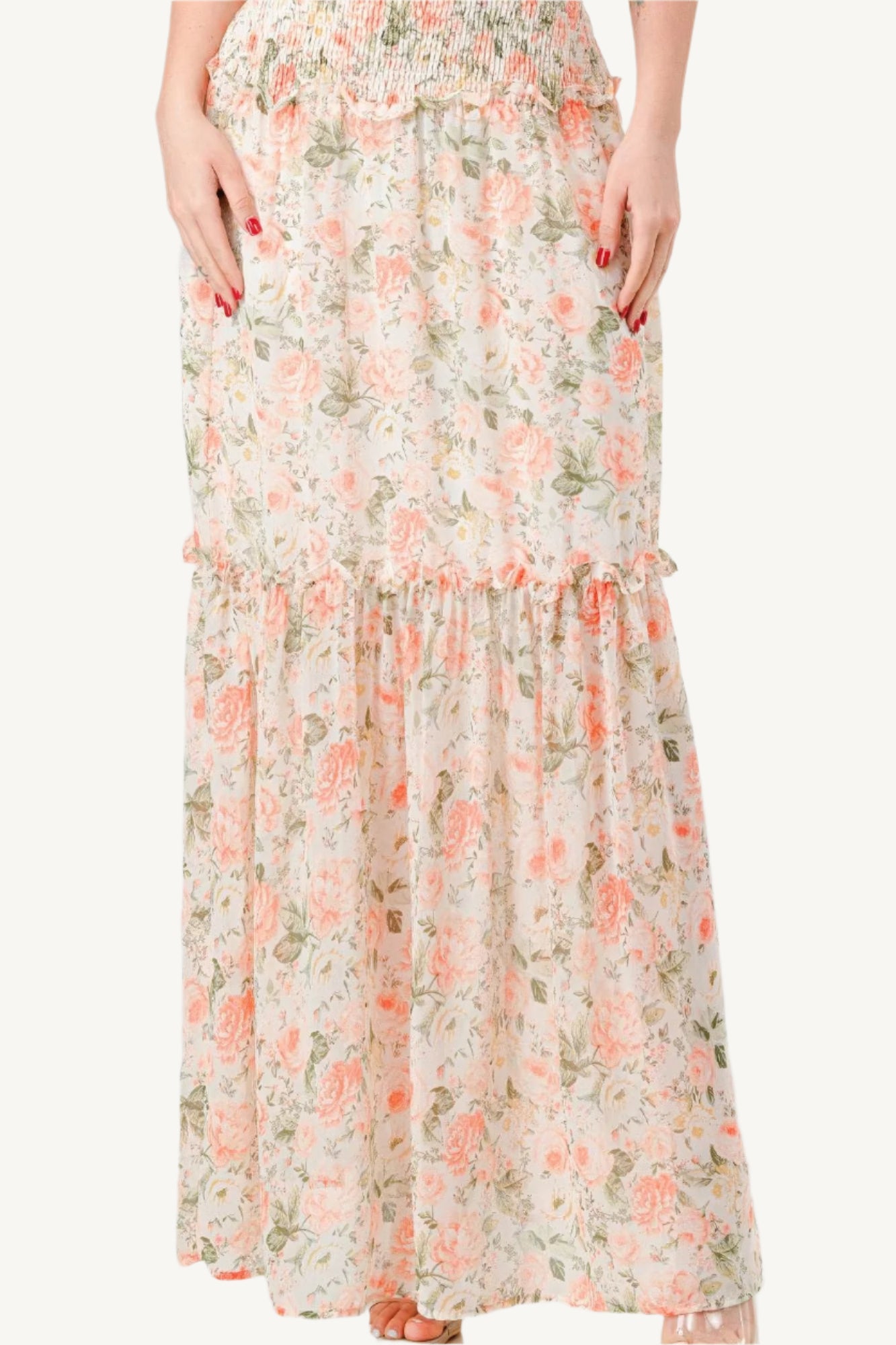 "Floral chiffon off-shoulder maxi dress with smocked back and ruffled tiered design, made from lightweight polyester for an elegant and comfortable look."