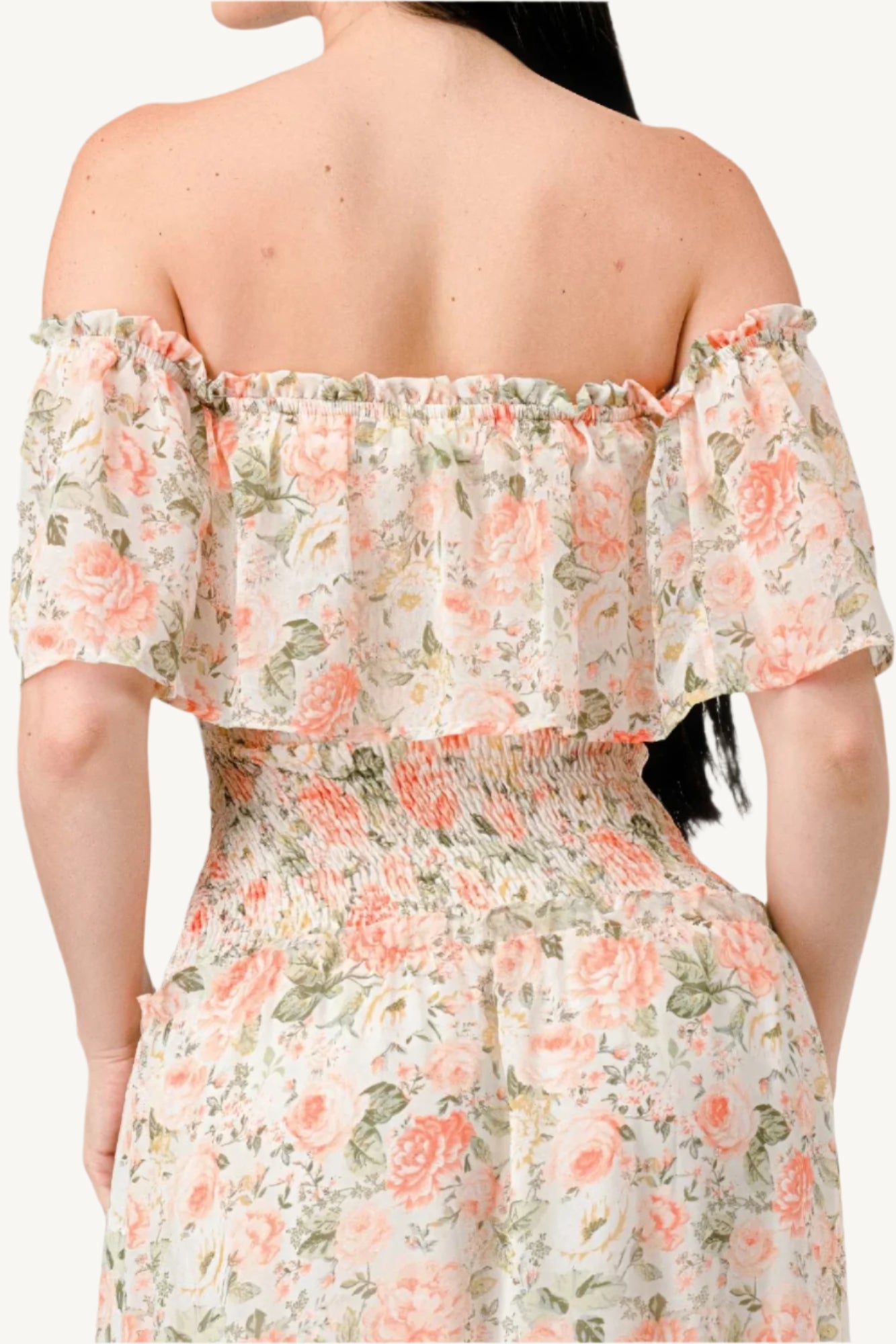 "Floral chiffon off-shoulder maxi dress with smocked back and ruffled tiered design, made from lightweight polyester for an elegant and comfortable look."