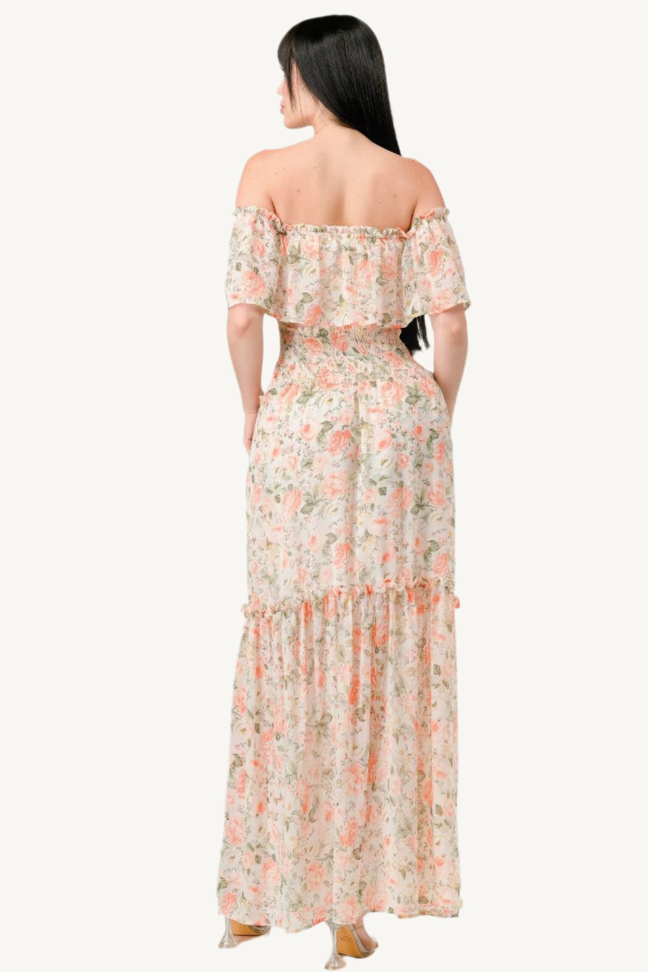 "Floral chiffon off-shoulder maxi dress with smocked back and ruffled tiered design, made from lightweight polyester for an elegant and comfortable look."