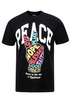 Black t-shirt with colorful hand graphic and motivational text on a white background