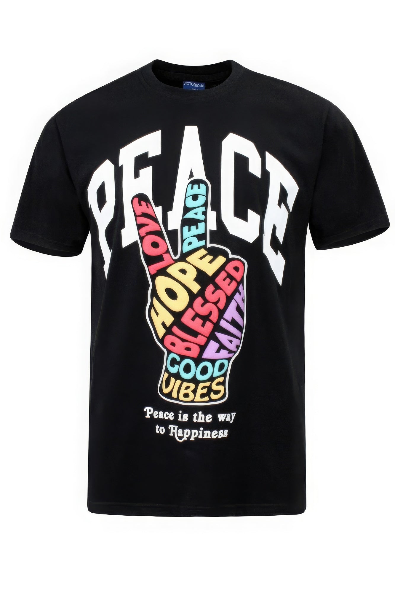 Black t-shirt with colorful hand graphic and motivational text on a white background