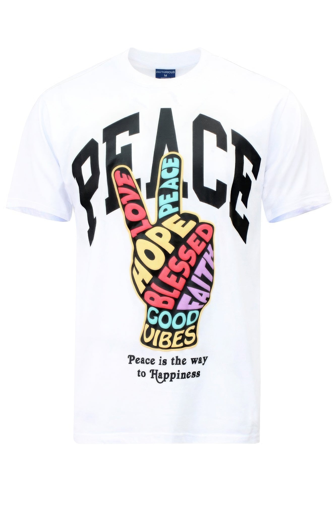 White t-shirt with colorful 'PEACE' design and text on a white background