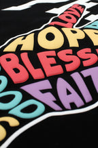 Colorful text 'HOPE LOVE BLESSING GOD FAITH' on a black background