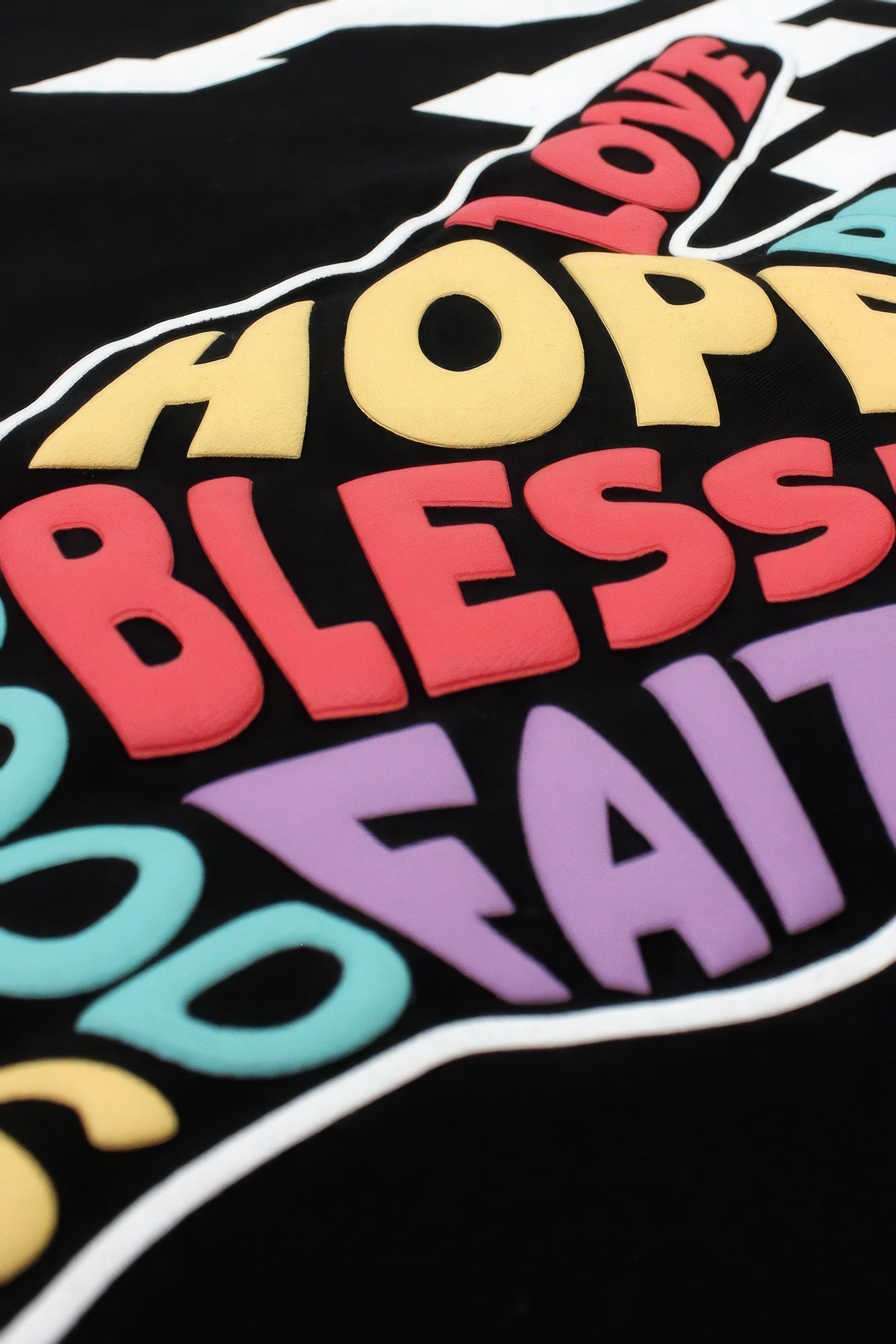Colorful text 'HOPE LOVE BLESSING GOD FAITH' on a black background