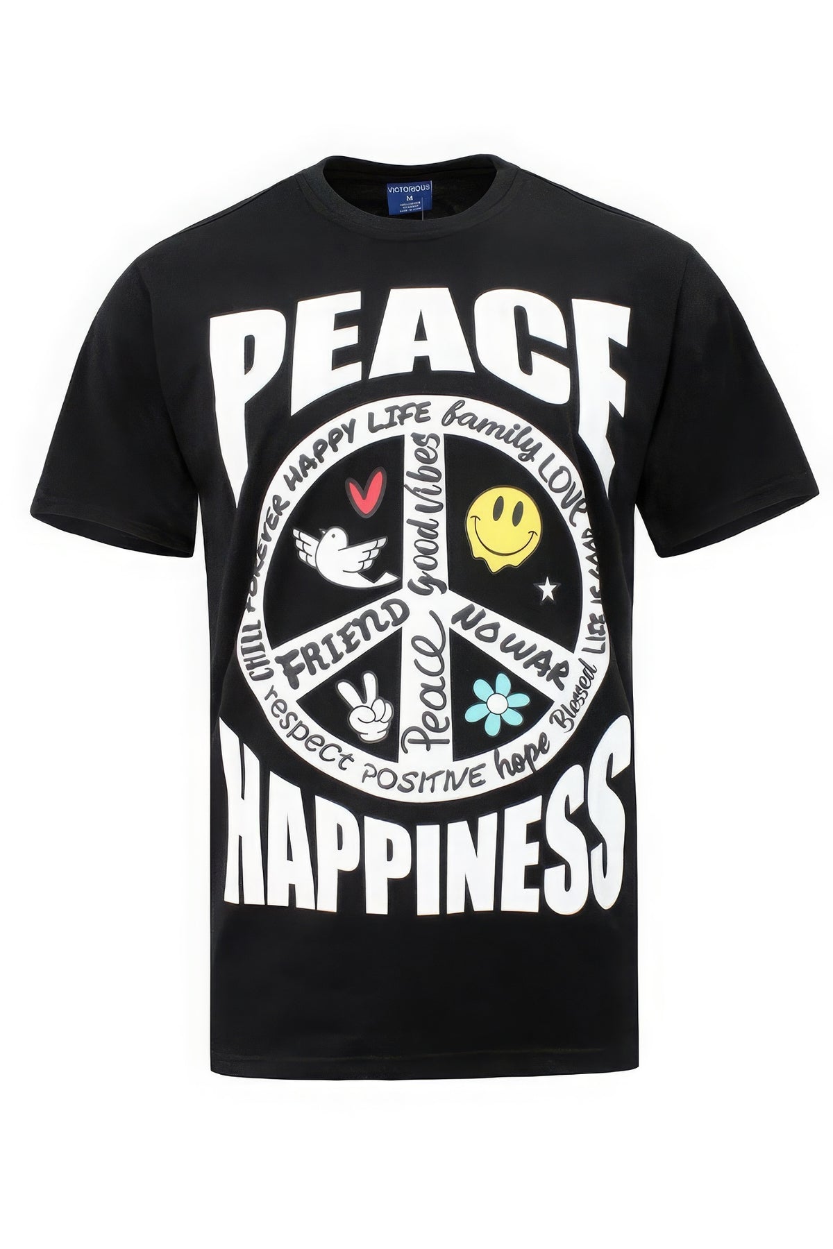 Black t-shirt with white graphic design featuring text and symbols on a white background