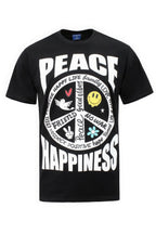 Black t-shirt with white graphic design featuring text and symbols on a white background