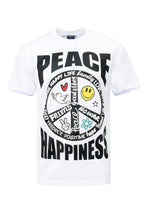 White t-shirt with black peace symbol and text on a white background