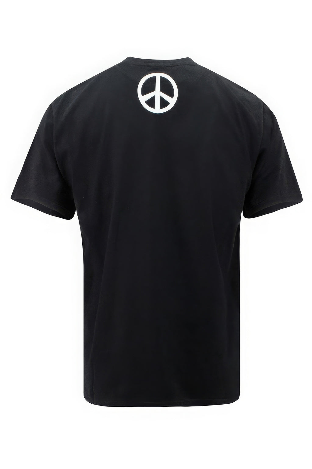 Black t-shirt with a peace symbol on the back against a white background