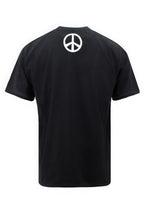 Black t-shirt with a peace symbol on the back against a white background