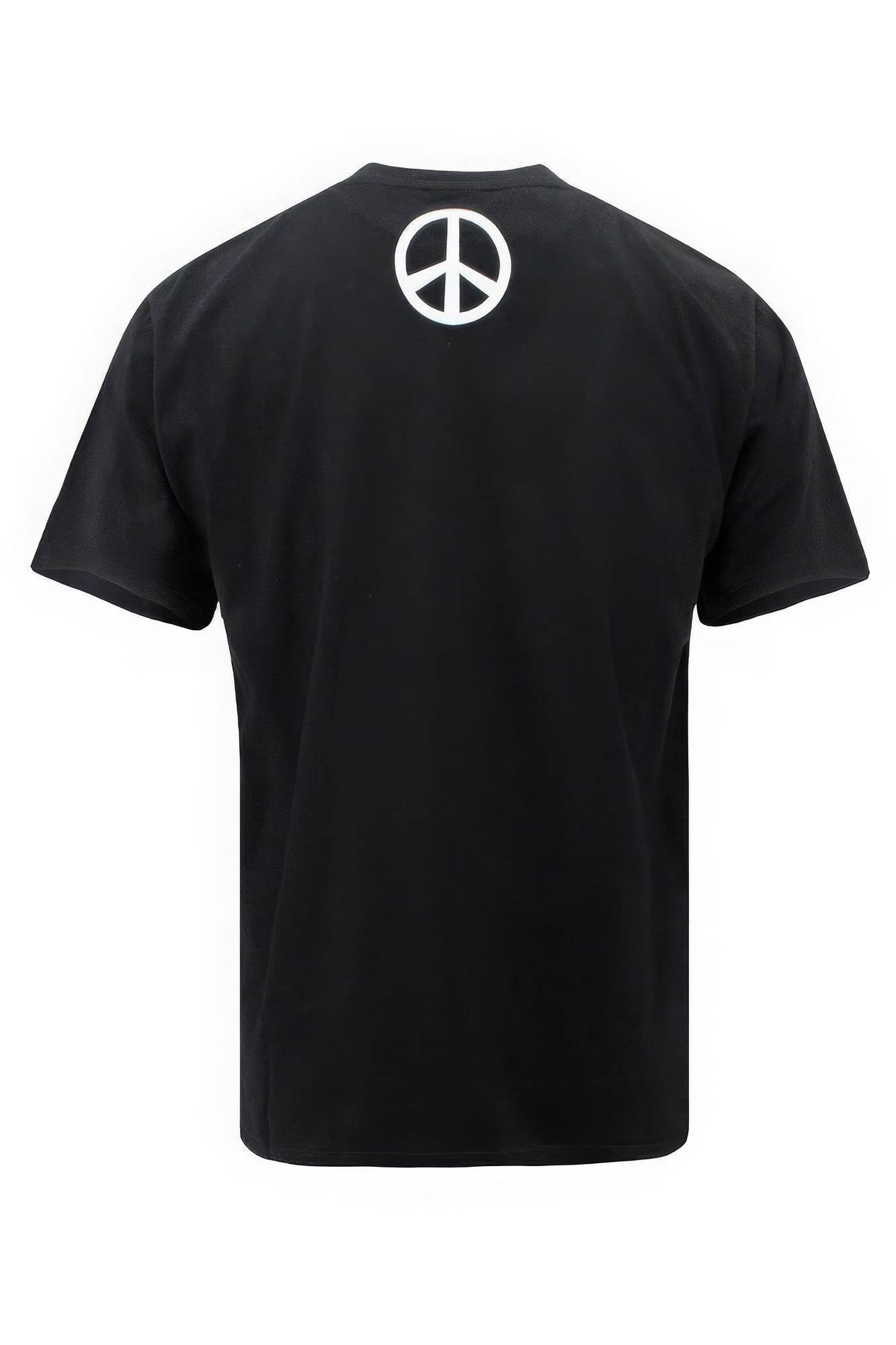 Black t-shirt with a peace symbol on the back against a white background