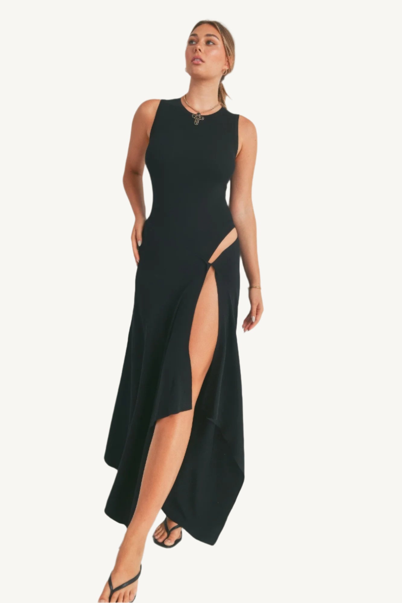 Elegant viscose maxi dress with thigh-high slit. Lightweight, breathable fabric for effortless style and comfort with fluid movement.