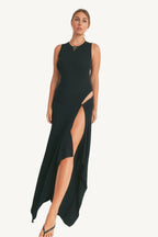Elegant viscose maxi dress with thigh-high slit. Lightweight, breathable fabric for effortless style and comfort with fluid movement.