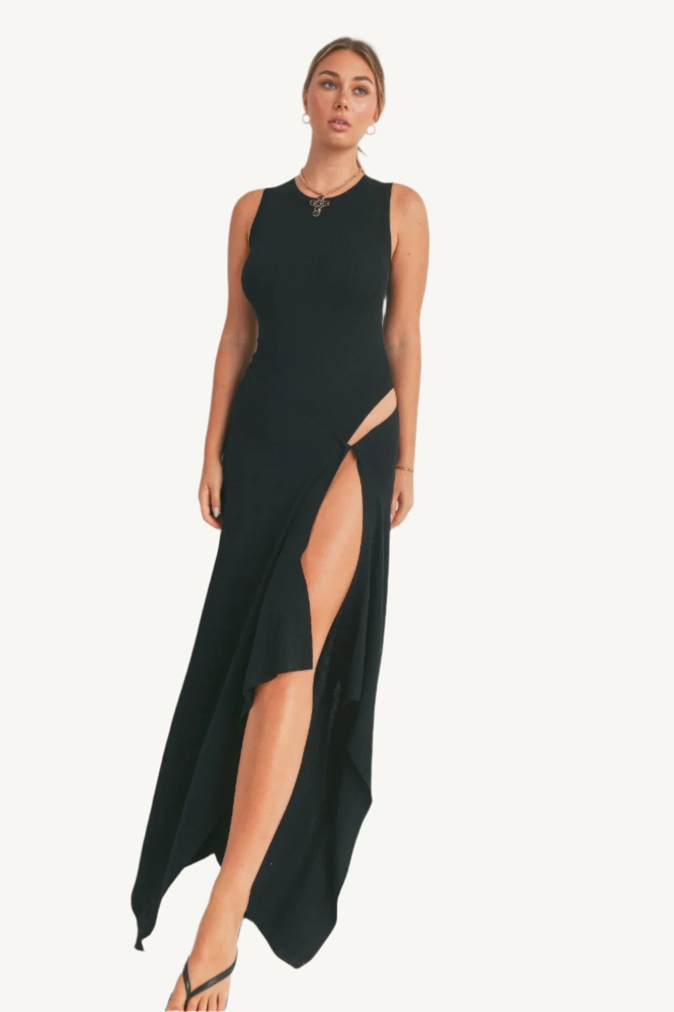 Elegant viscose maxi dress with thigh-high slit. Lightweight, breathable fabric for effortless style and comfort with fluid movement.