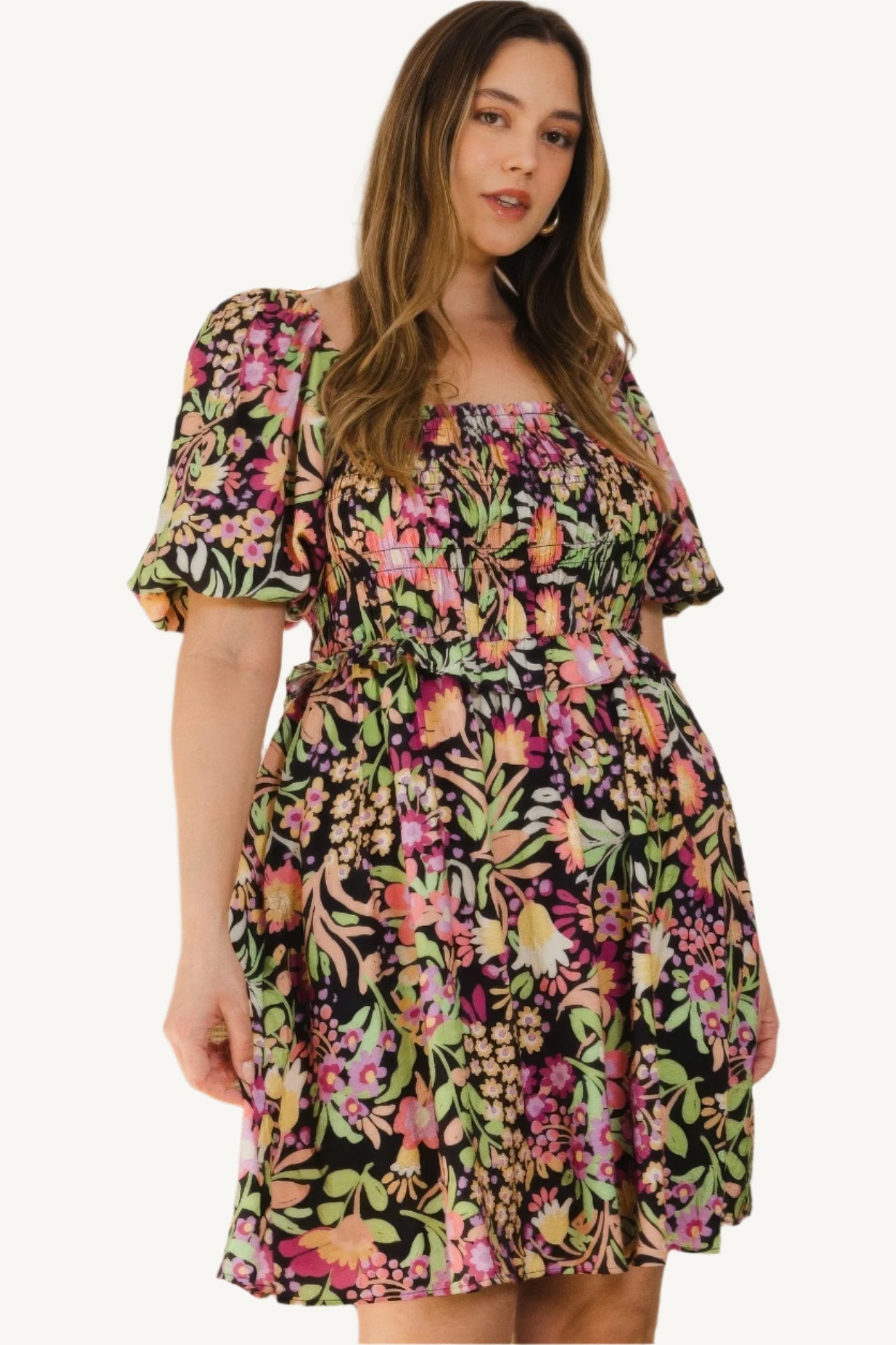 "Plus size floral printed mini dress with center tie-back detail, designed for a flattering, feminine, and comfortable fit."