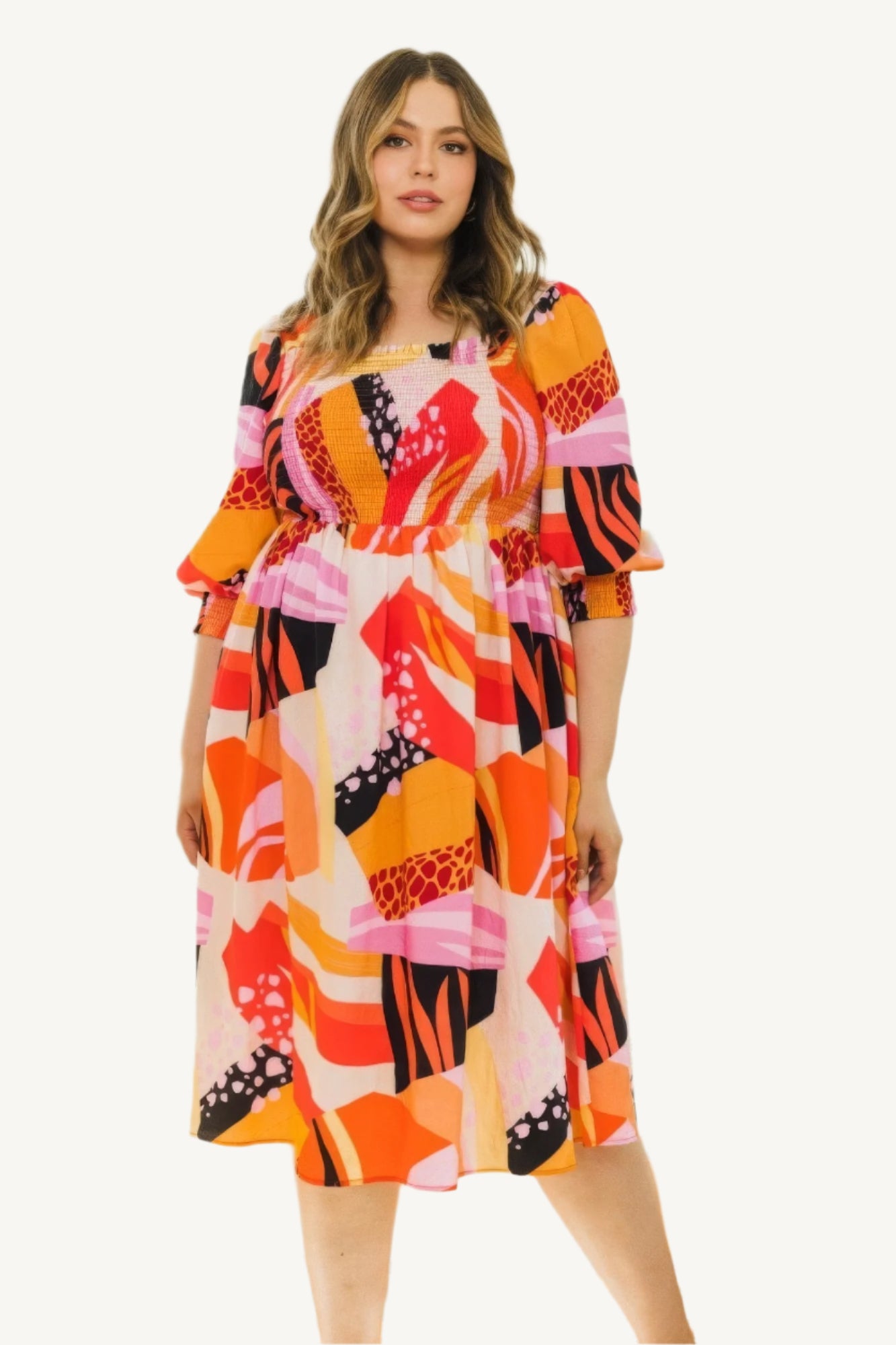 "Plus size floral print midi dress with square neckline, designed for a flattering, elegant, and comfortable fit."