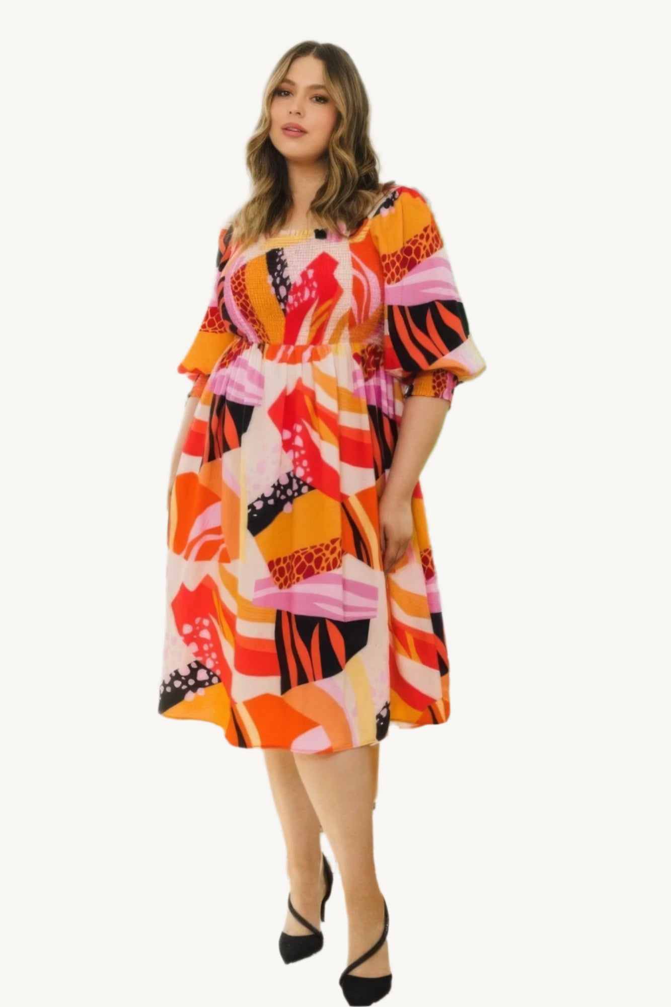 "Plus size floral print midi dress with square neckline, designed for a flattering, elegant, and comfortable fit."