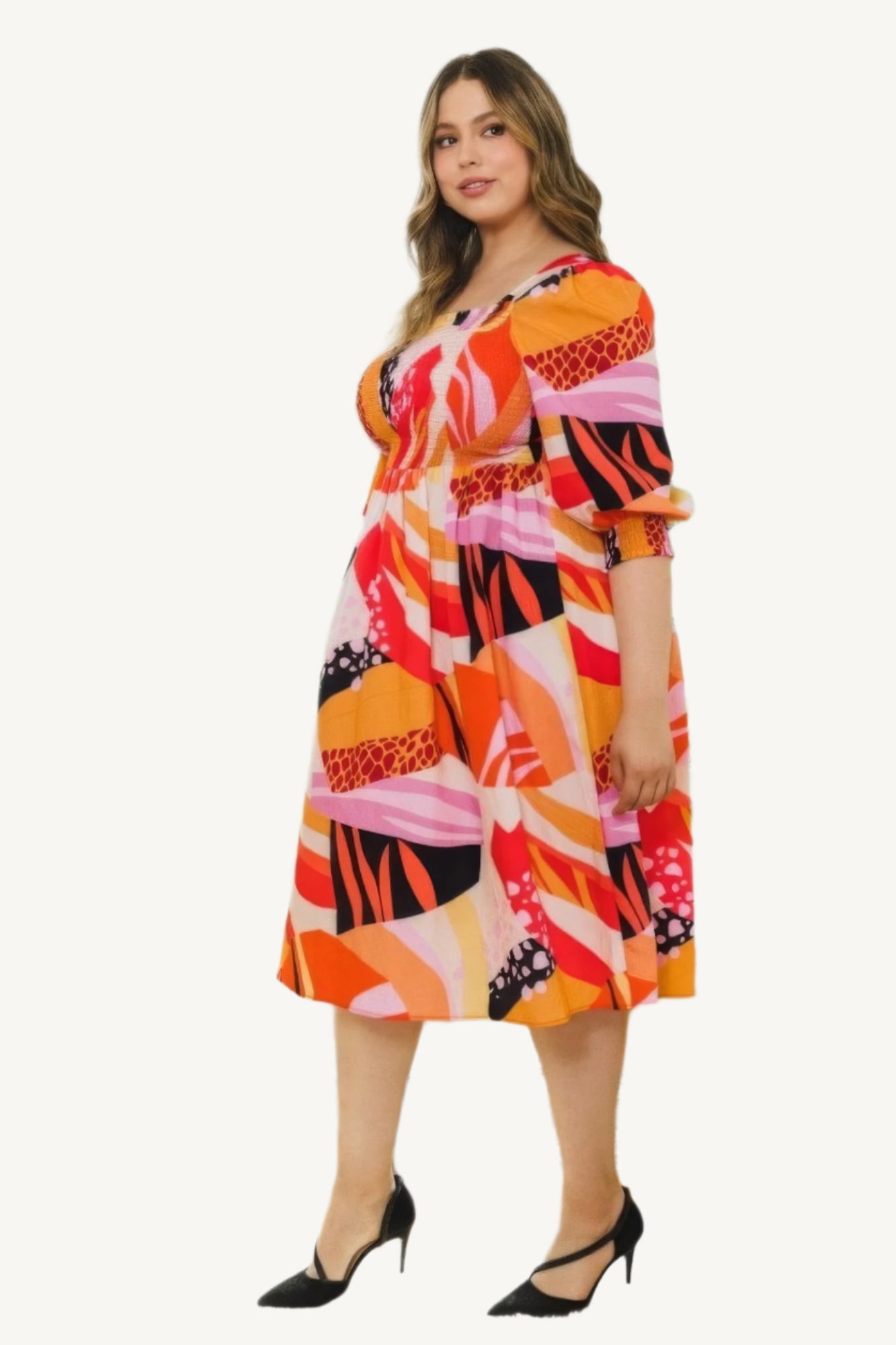 "Plus size floral print midi dress with square neckline, designed for a flattering, elegant, and comfortable fit."