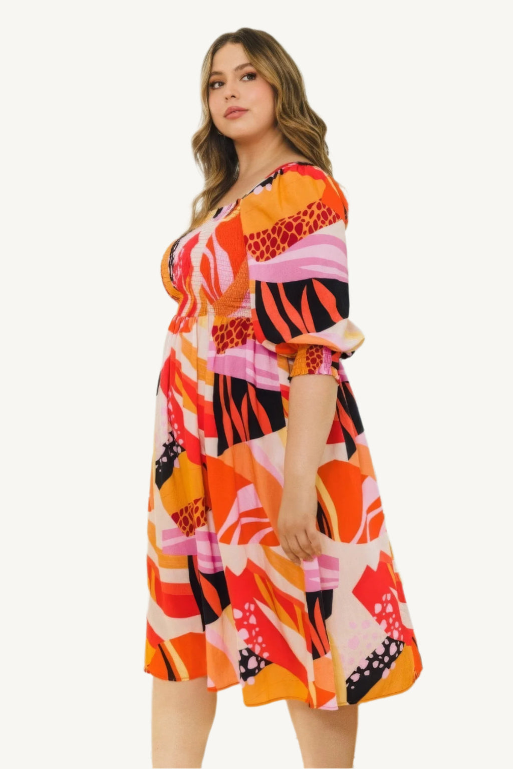 "Plus size floral print midi dress with square neckline, designed for a flattering, elegant, and comfortable fit."