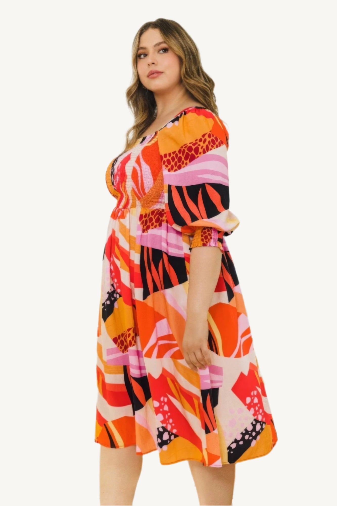 "Plus size floral print midi dress with square neckline, designed for a flattering, elegant, and comfortable fit."