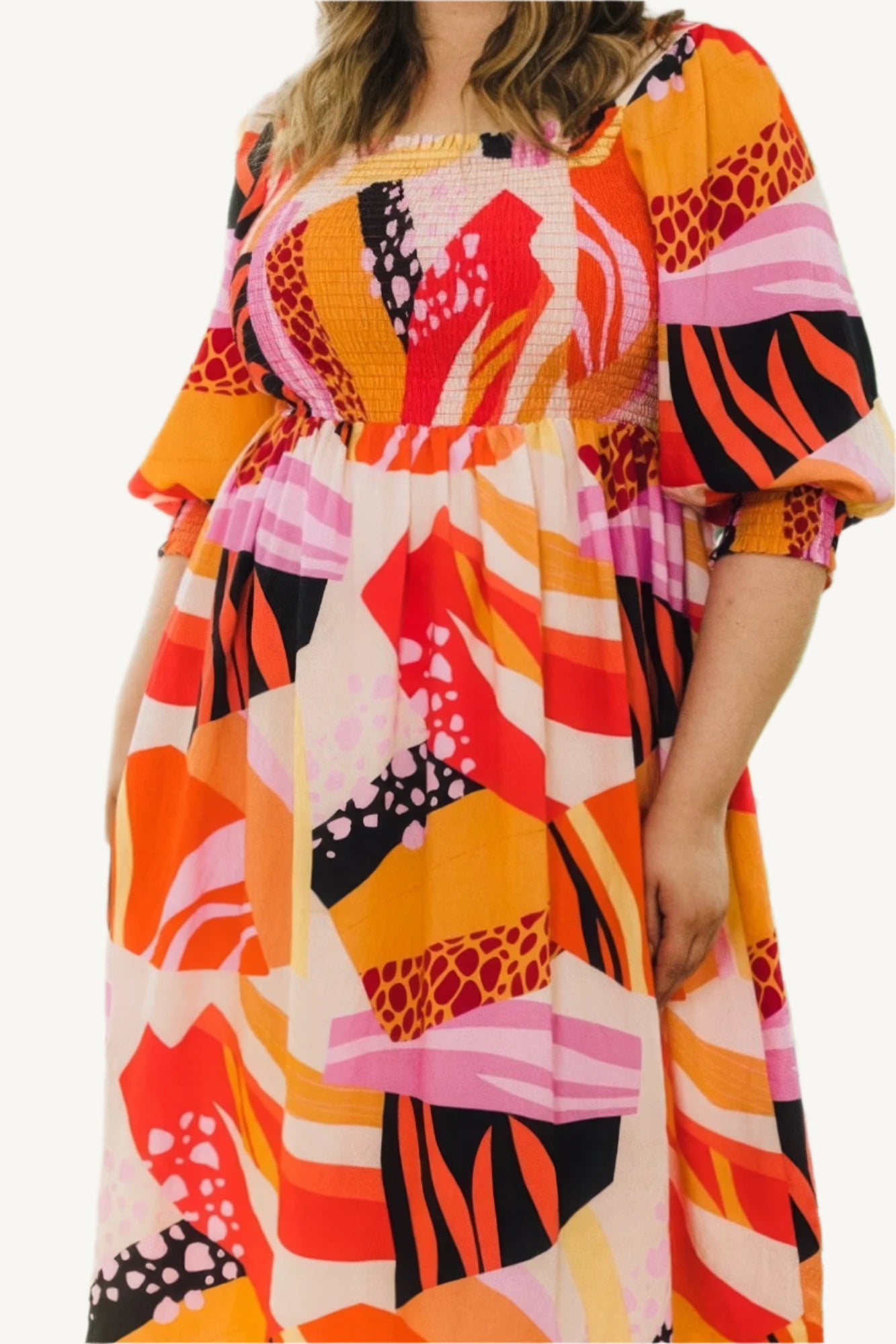 "Plus size floral print midi dress with square neckline, designed for a flattering, elegant, and comfortable fit."