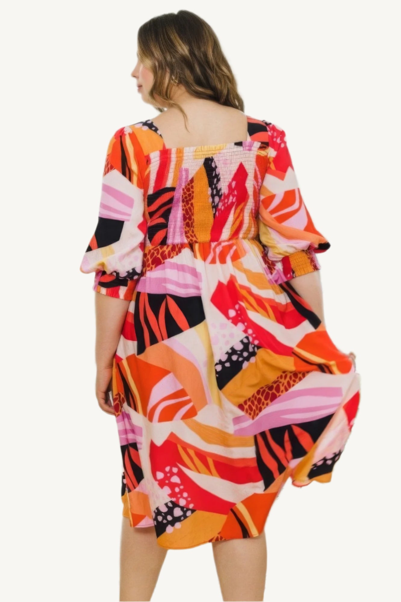 "Plus size floral print midi dress with square neckline, designed for a flattering, elegant, and comfortable fit."