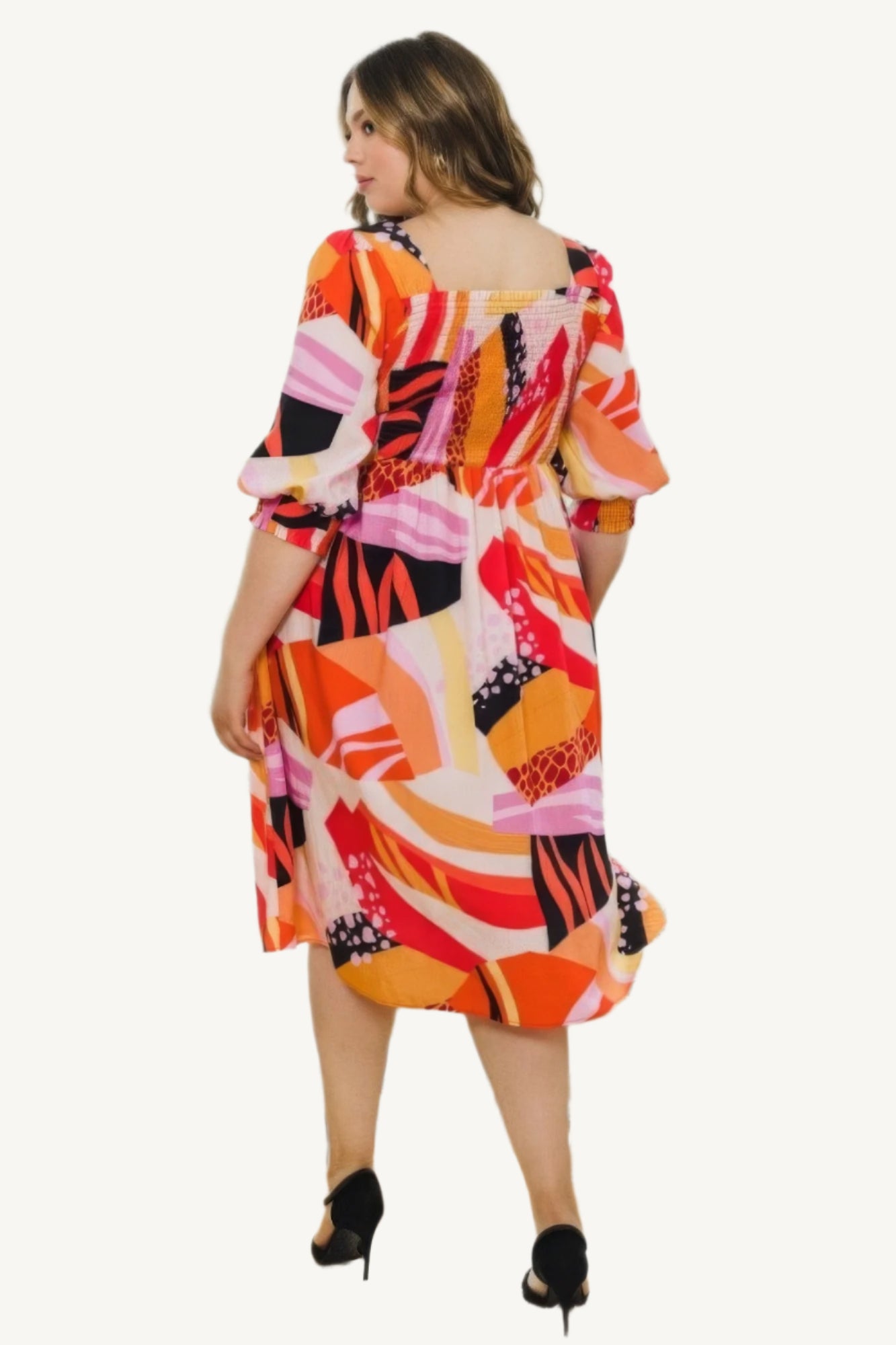 "Plus size floral print midi dress with square neckline, designed for a flattering, elegant, and comfortable fit."