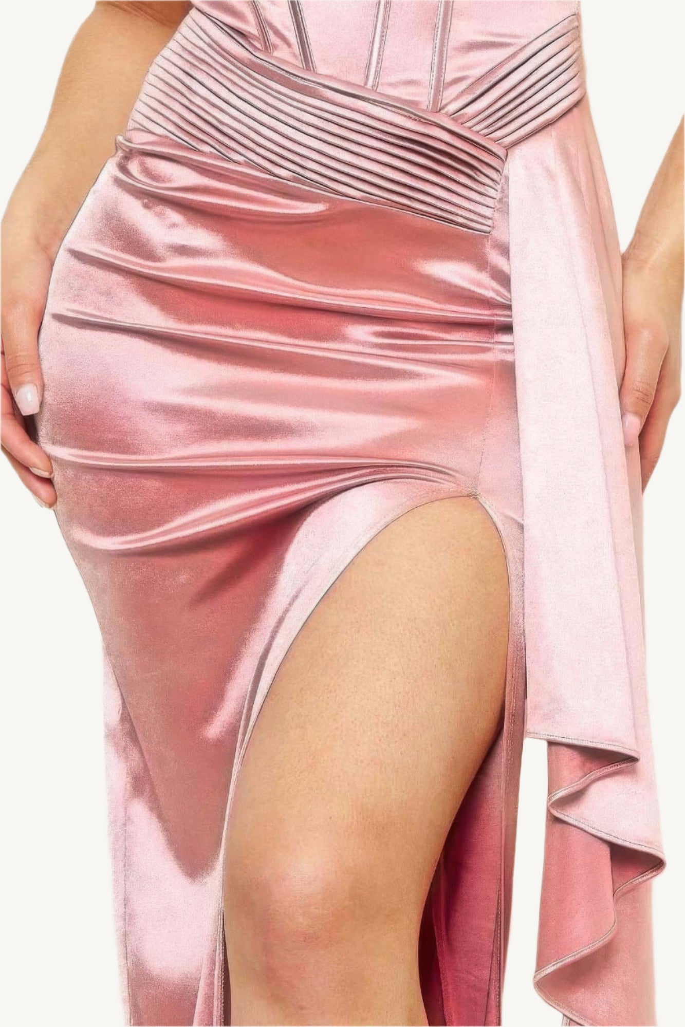Satin tube top maxi dress with pleated fold design. A strapless, elegant silhouette crafted with meticulous detail for timeless sophistication and charm.