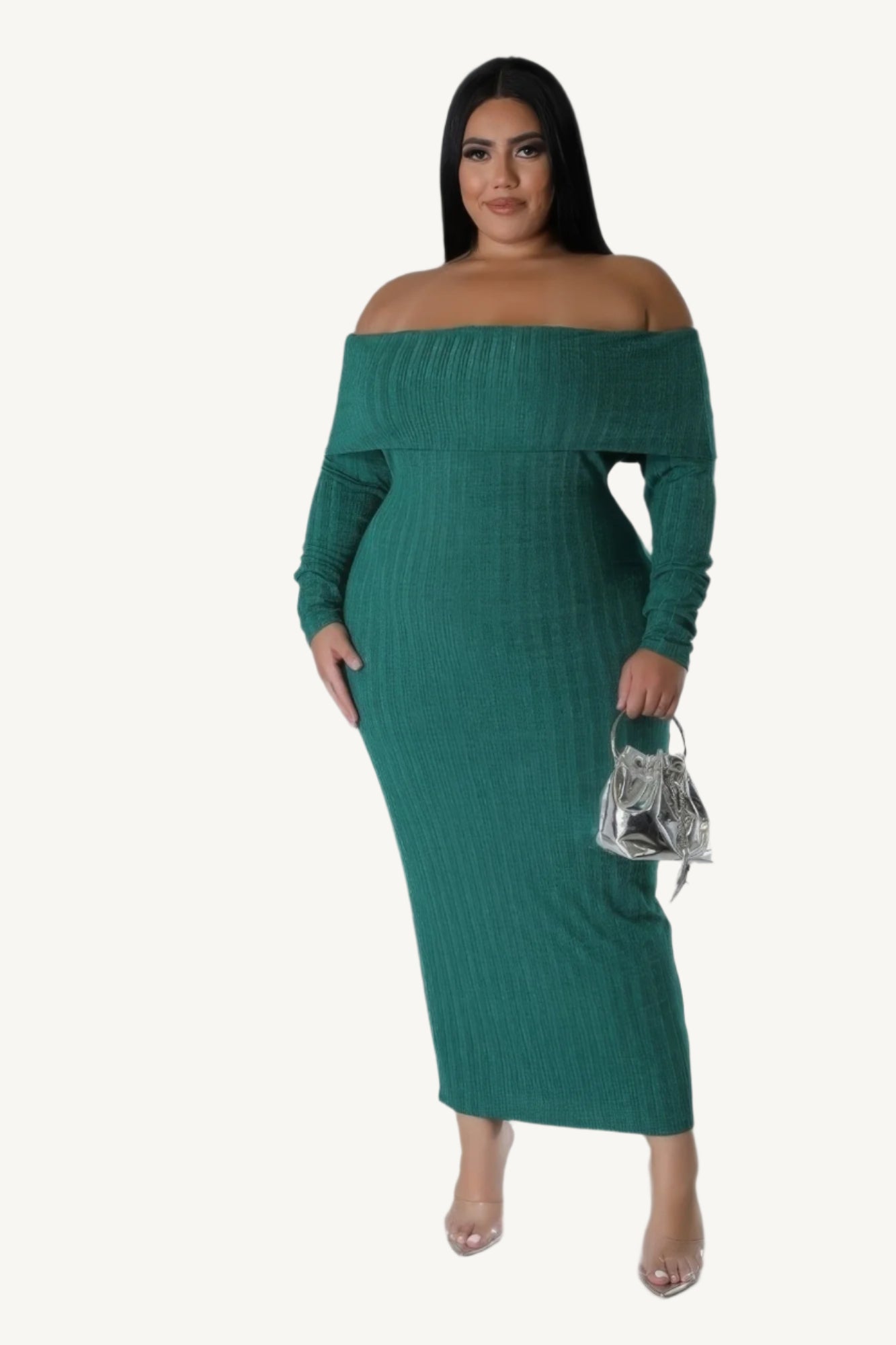 "Off-shoulder stretch dress made from a soft polyester-spandex blend, offering a flattering and comfortable fit for any occasion."