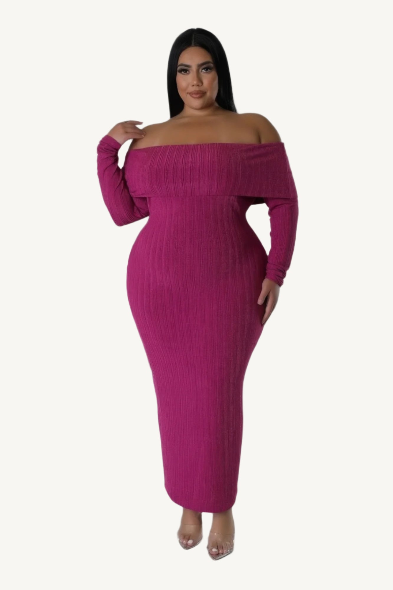 "Off-shoulder stretch dress made from a soft polyester-spandex blend, offering a flattering, flexible, and stylish fit."