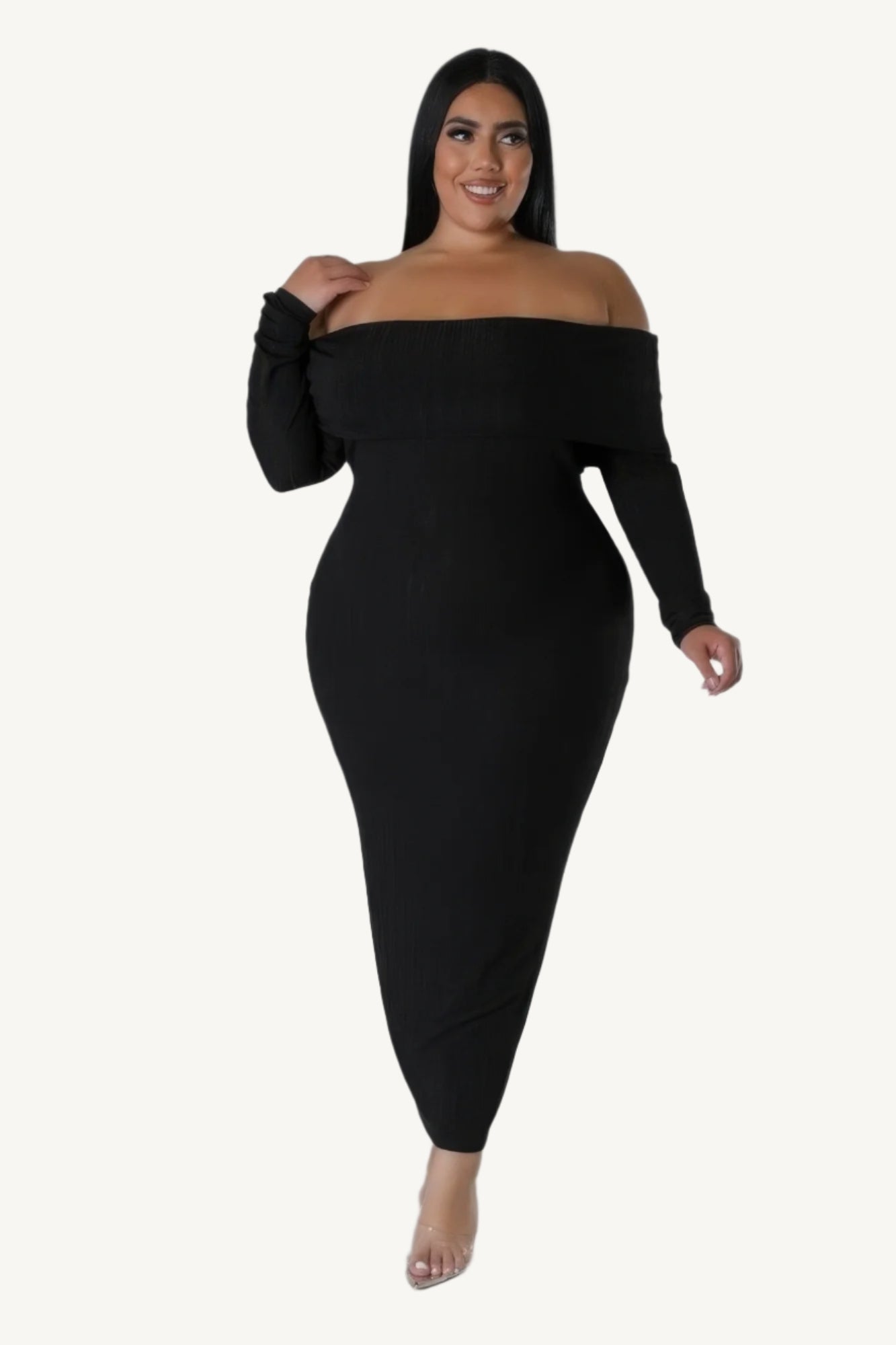 "Off-shoulder stretch dress made from a soft polyester-spandex blend, offering a flexible, figure-hugging fit with stylish shoulder-baring design."