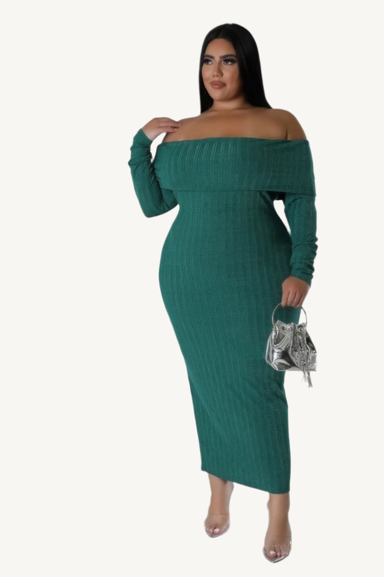 "Off-shoulder stretch dress made from a soft polyester-spandex blend, offering a flattering and comfortable fit for any occasion."