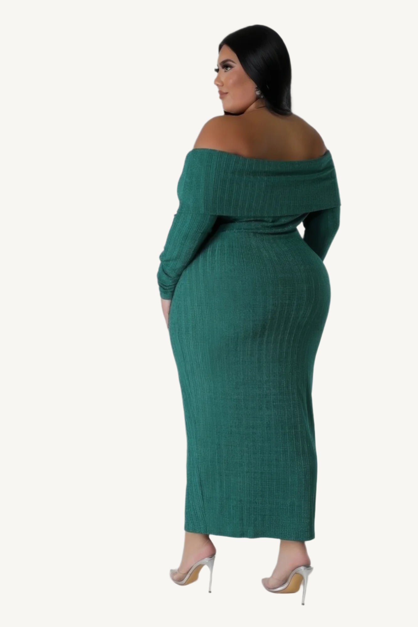 "Off-shoulder stretch dress made from a soft polyester-spandex blend, offering a flattering and comfortable fit for any occasion."
