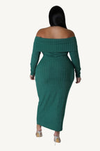 "Off-shoulder stretch dress made from a soft polyester-spandex blend, offering a flattering and comfortable fit for any occasion."