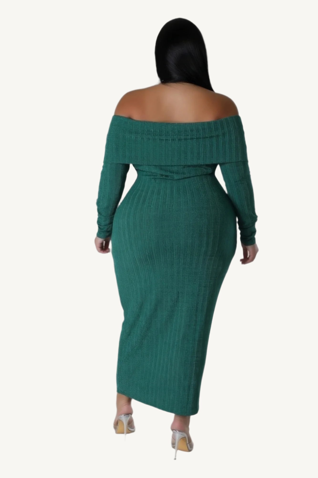 "Off-shoulder stretch dress made from a soft polyester-spandex blend, offering a flattering and comfortable fit for any occasion."
