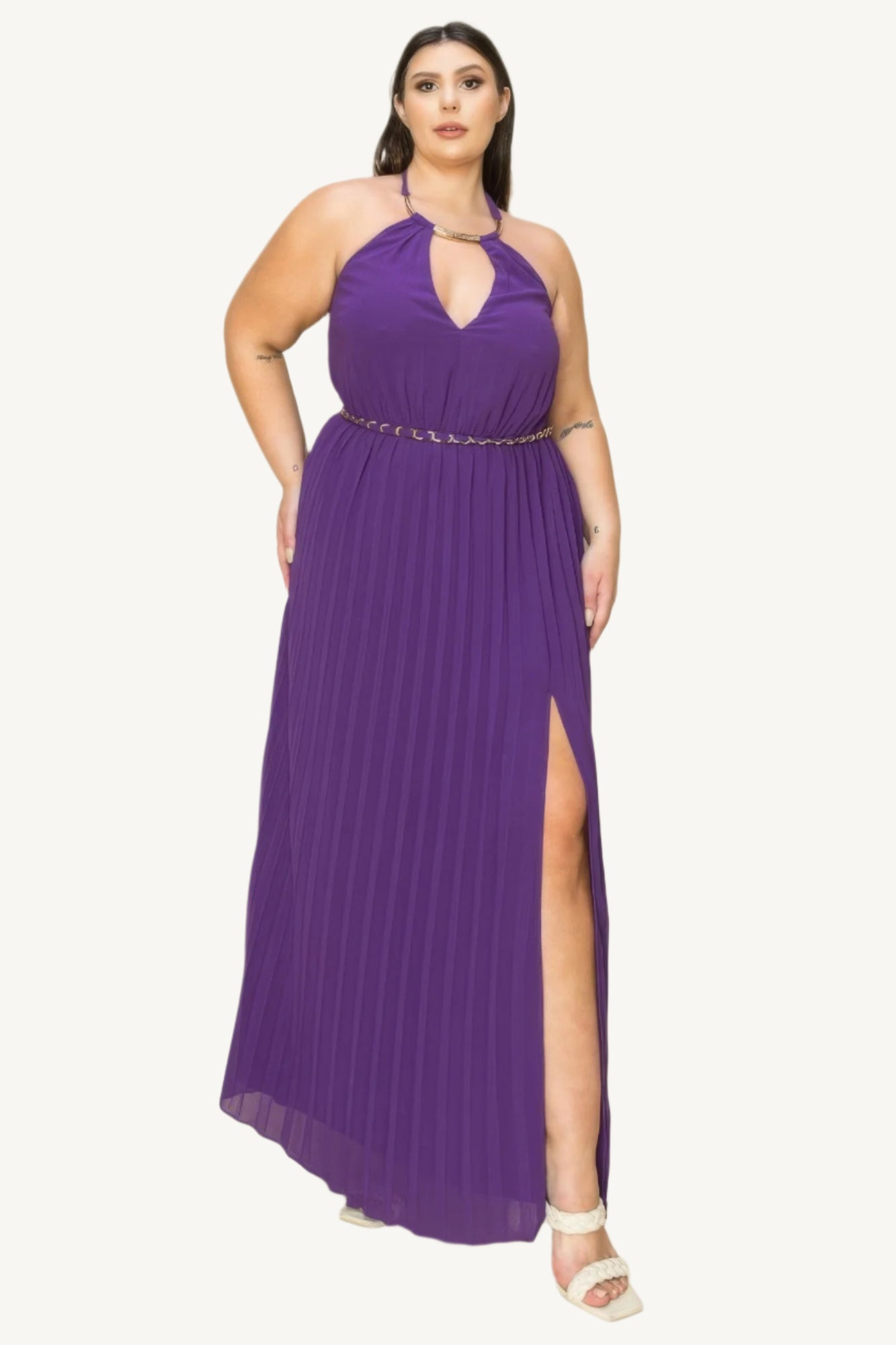 "Elegant chiffon pleated maxi dress with gold trim neckline, cut-out chest, and matching belt, designed for timeless sophistication and comfort."