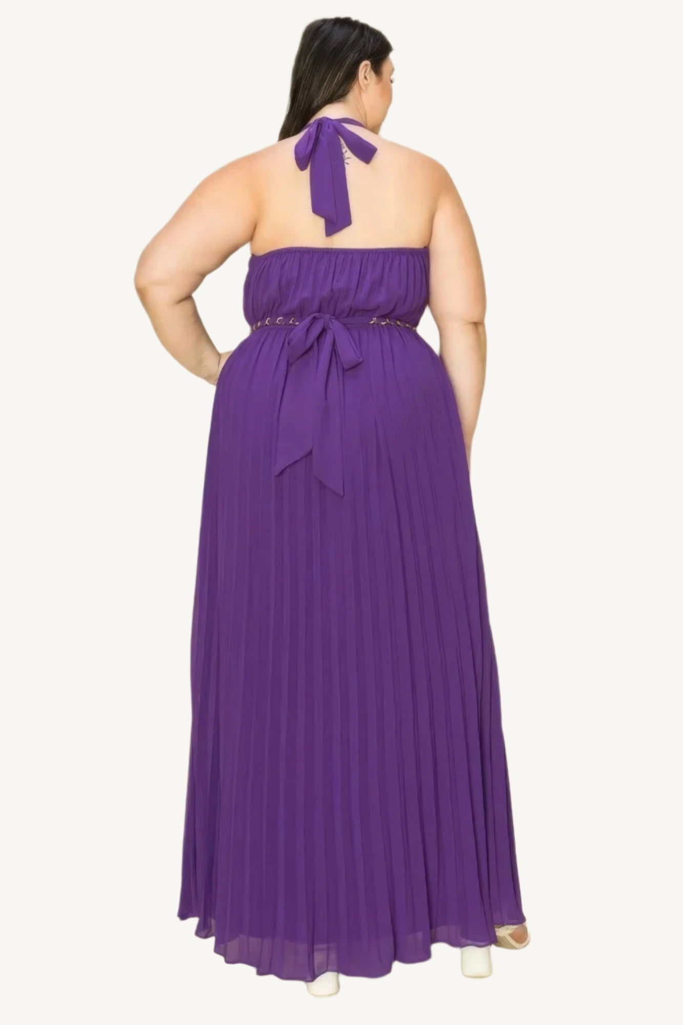 "Elegant chiffon pleated maxi dress with gold trim neckline, cut-out chest, and matching belt, designed for timeless sophistication and comfort."