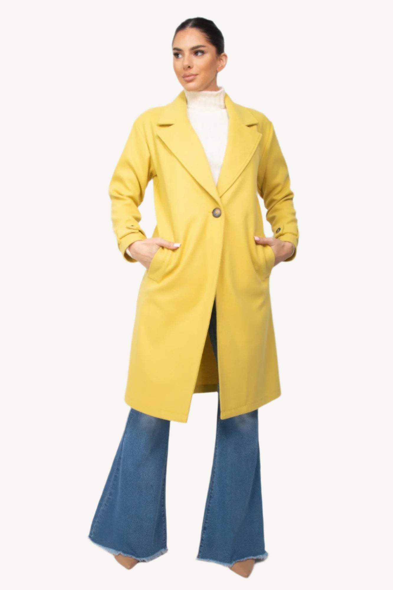 Elegant woven coat with notch lapel collar, long sleeves, side pockets, and button closure. Korean fall fashion style with soft and sexy aesthetic.