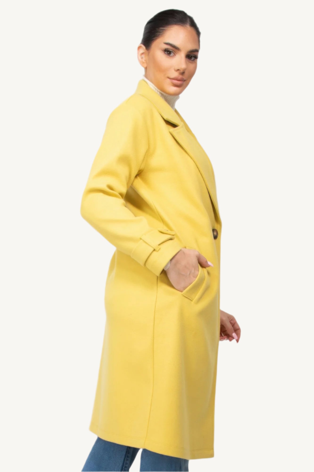 Elegant woven coat with notch lapel collar, long sleeves, side pockets, and button closure. Korean fall fashion style with soft and sexy aesthetic.