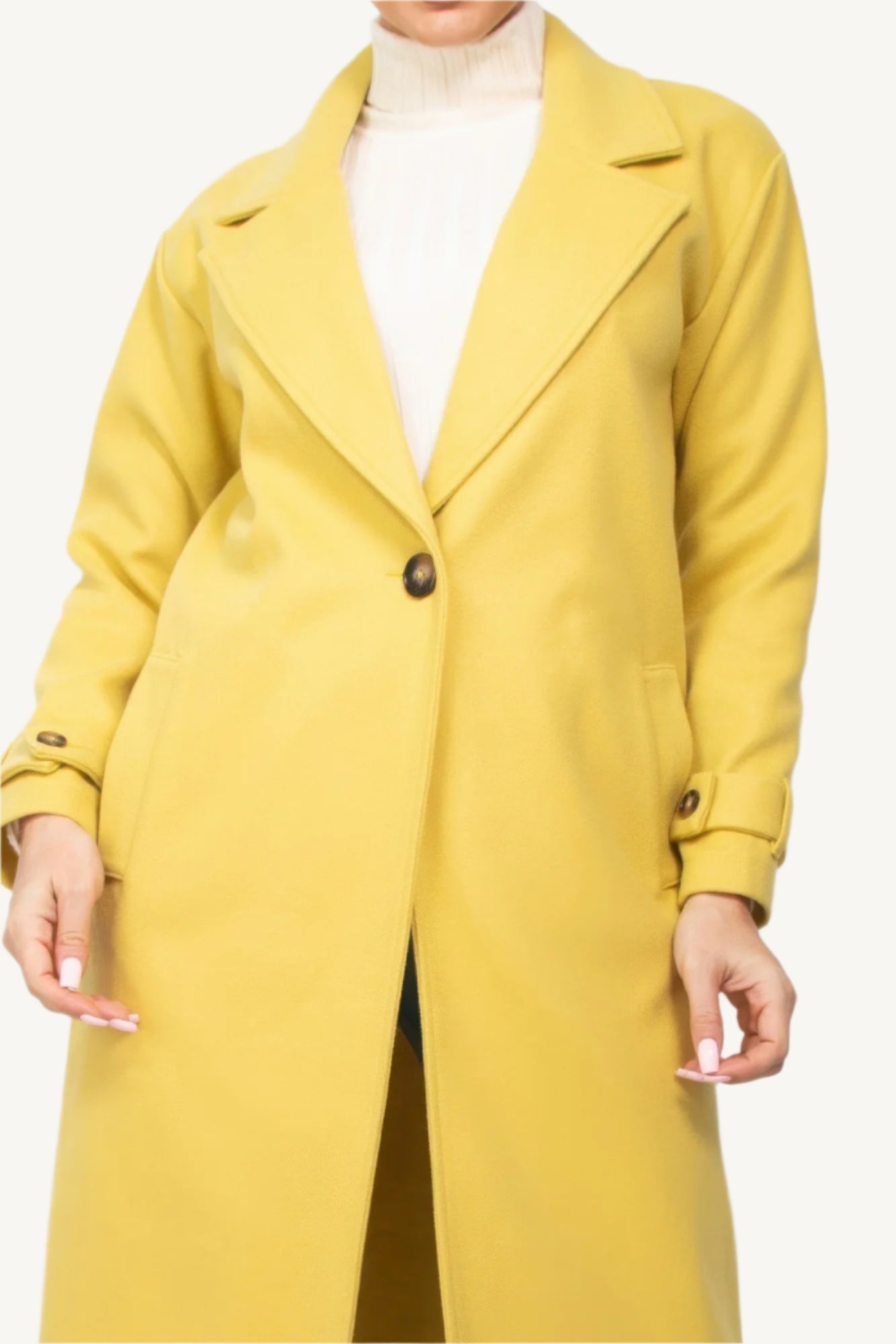 Elegant woven coat with notch lapel collar, long sleeves, side pockets, and button closure. Korean fall fashion style with soft and sexy aesthetic.