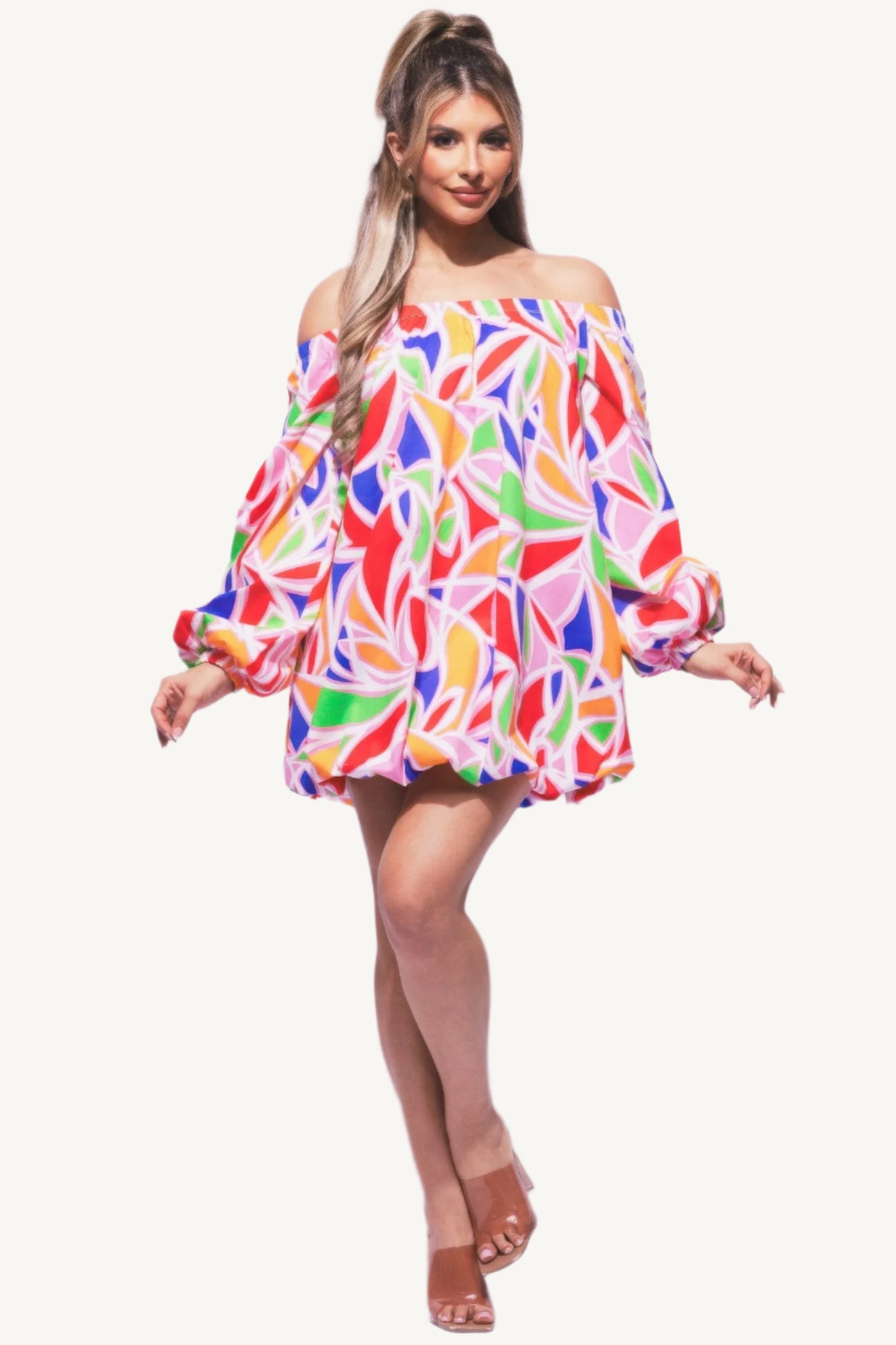 Off shoulder bubble mini dress with playful silhouette and elegant design. Made from a soft, comfortable fabric blend — perfect for statement looks.