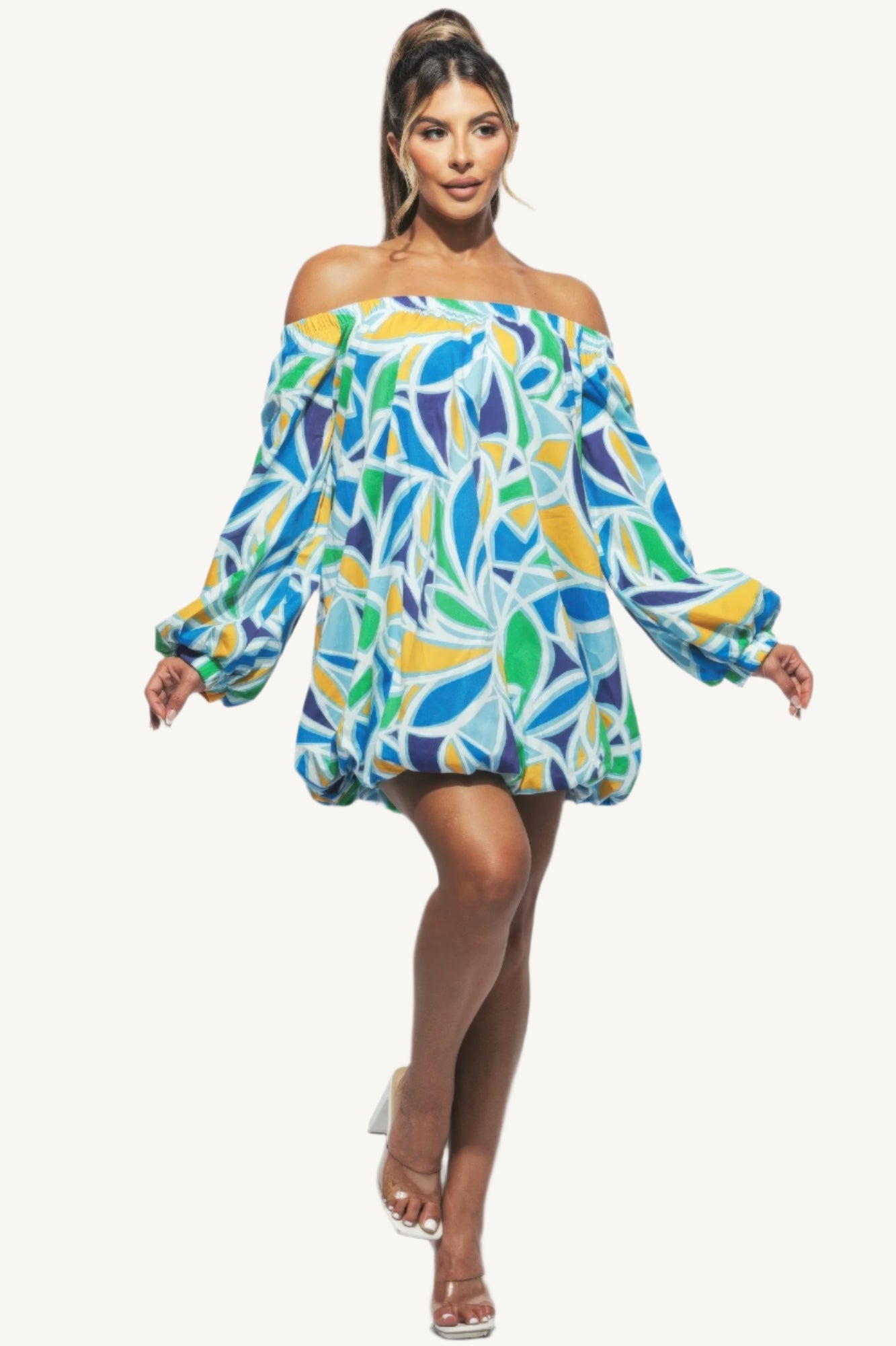 Chic off shoulder bubble mini dress crafted from high-quality fabric. A modern, playful yet elegant piece designed to turn heads at any event.