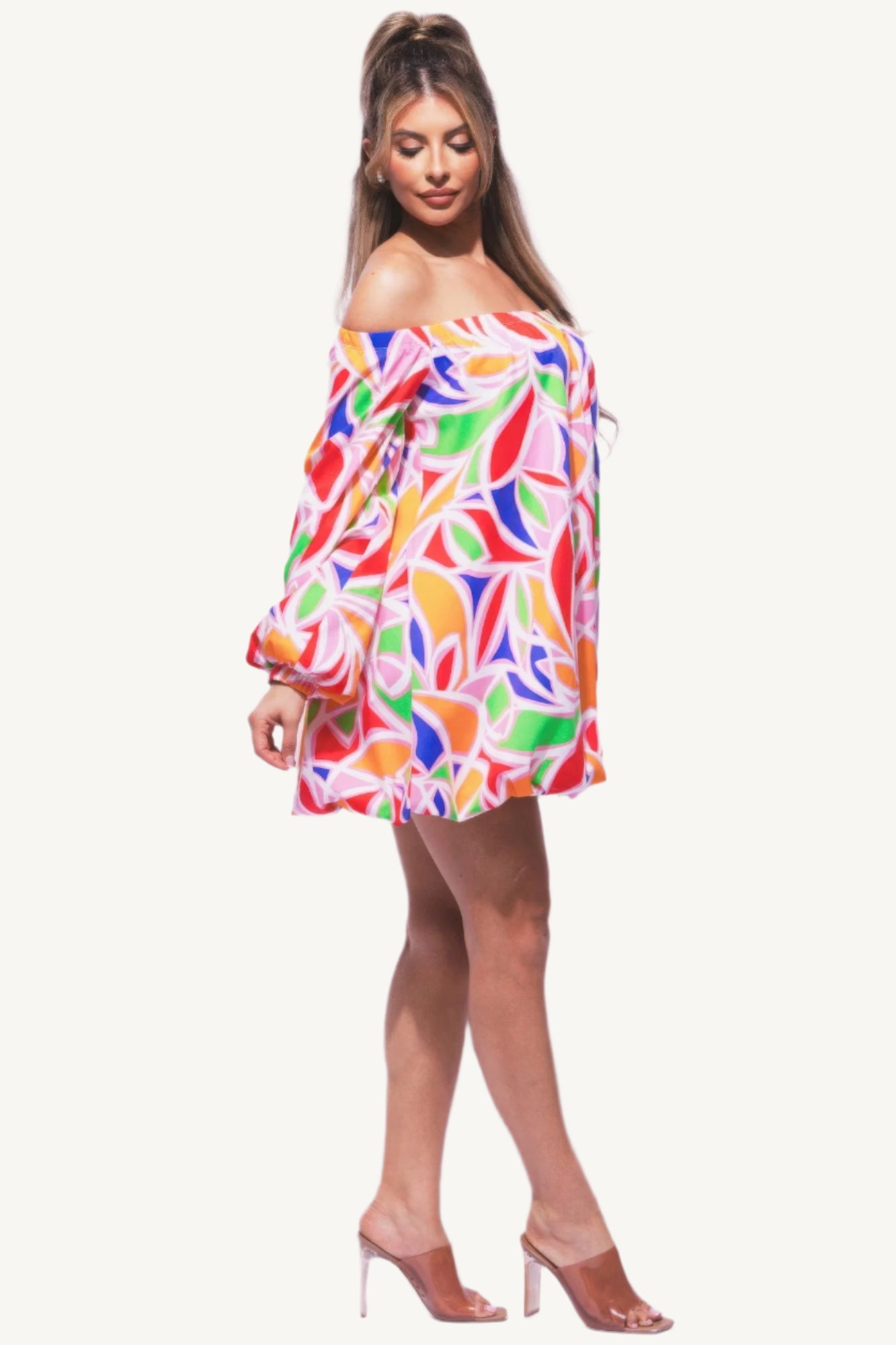 Off shoulder bubble mini dress with playful silhouette and elegant design. Made from a soft, comfortable fabric blend — perfect for statement looks.