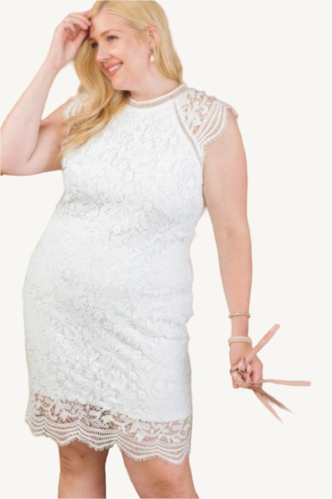 Lace crochet mini dress with raglan sleeves and zipper back. Elegant and feminine design perfect for semi-formal and stylish daytime occasions.
