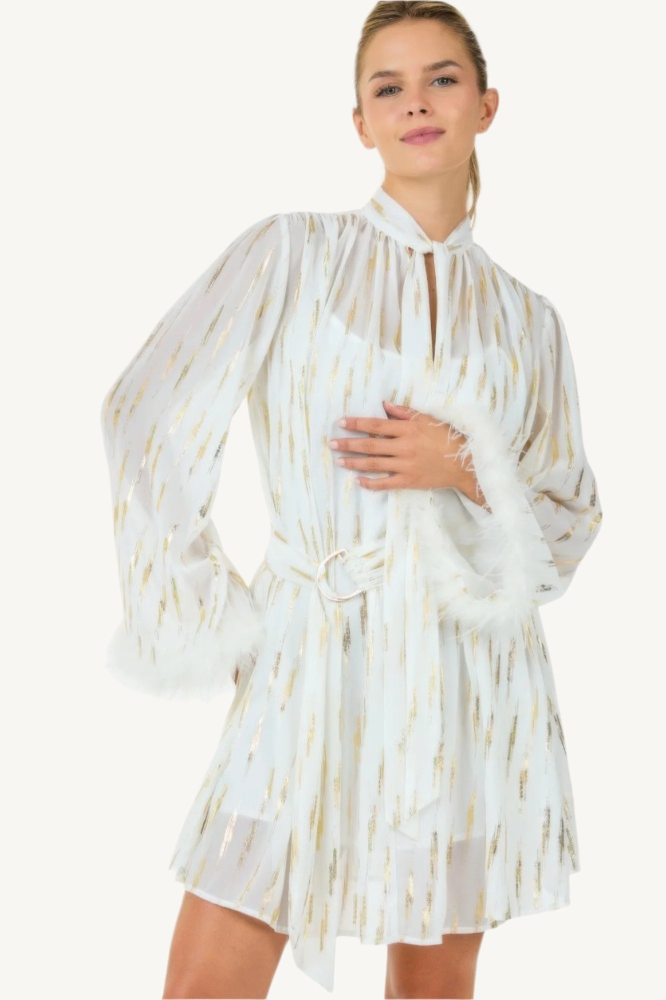 "Metallic print short dress – elegant, relaxed-fit silhouette with shimmering details for standout style."