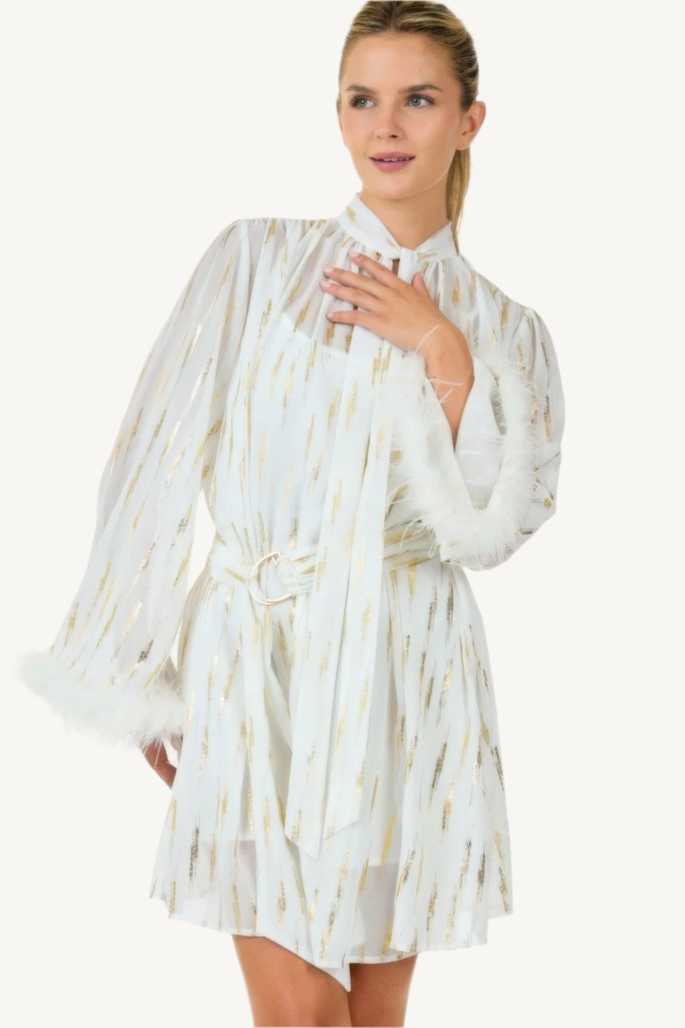 "Metallic print short dress – elegant, relaxed-fit silhouette with shimmering details for standout style."