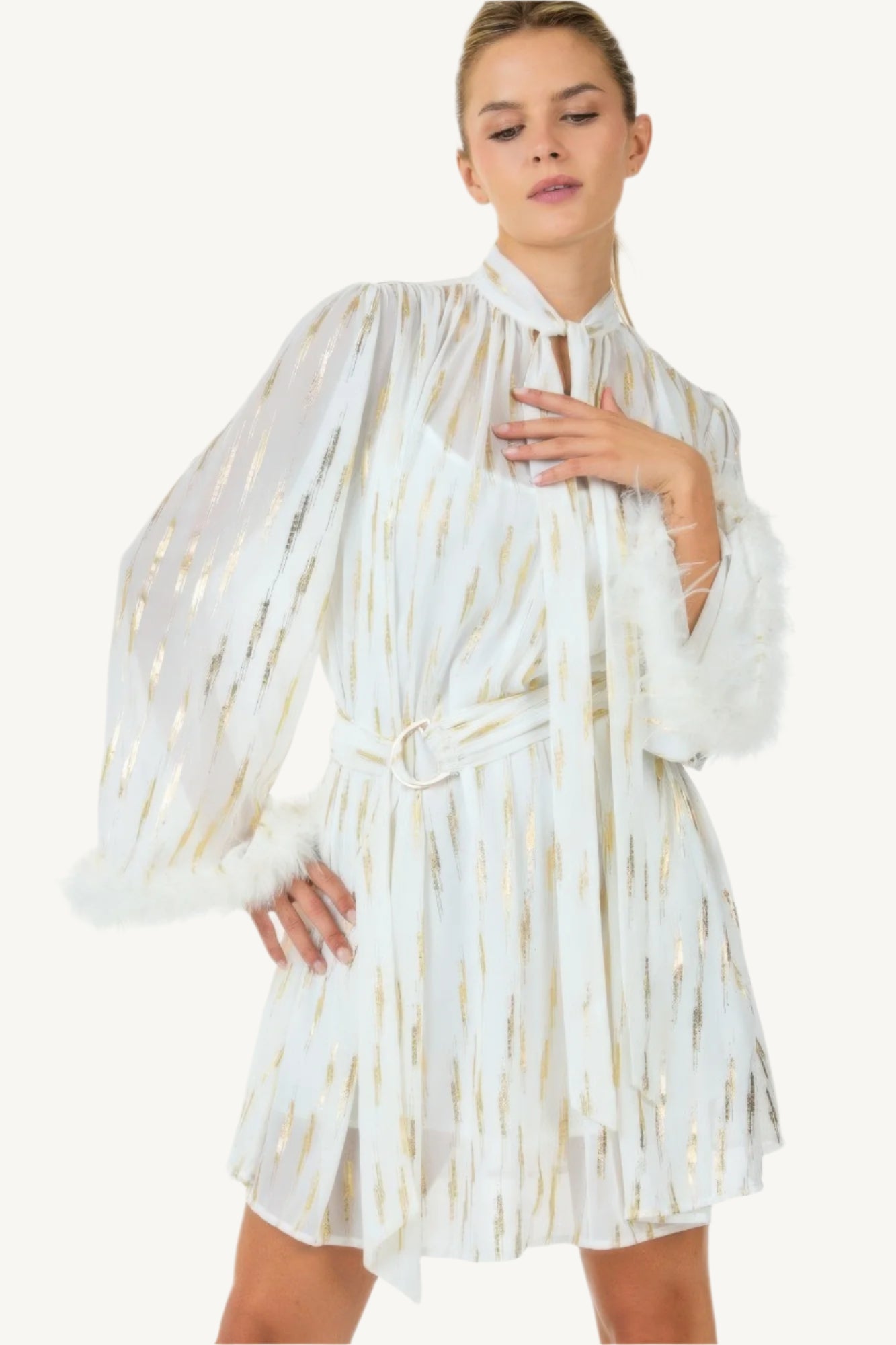 "Metallic print short dress – elegant, relaxed-fit silhouette with shimmering details for standout style."
