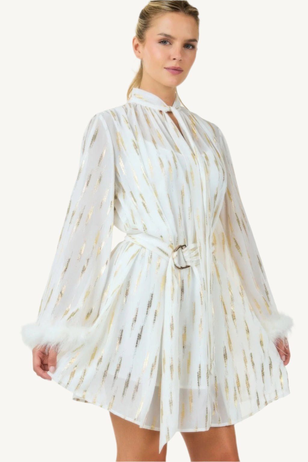 "Metallic print short dress – elegant, relaxed-fit silhouette with shimmering details for standout style."