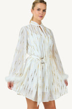 "Metallic print short dress – elegant, relaxed-fit silhouette with shimmering details for standout style."