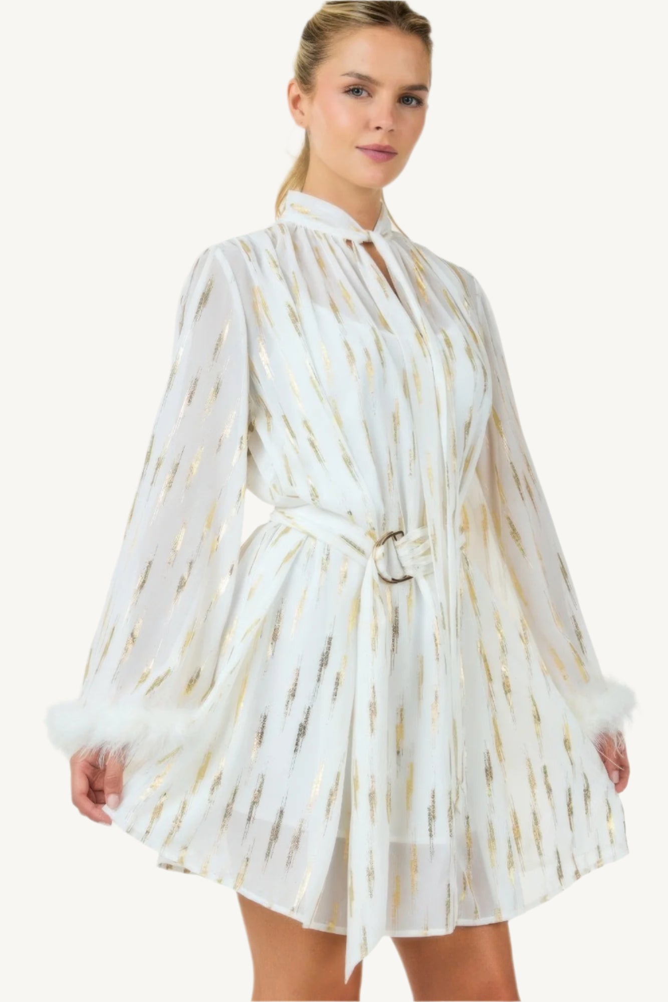 "Metallic print short dress – elegant, relaxed-fit silhouette with shimmering details for standout style."